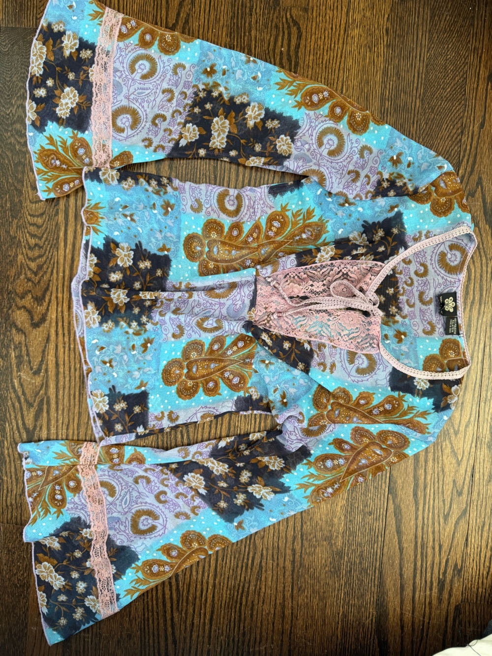 Boho Paisley Lace-Trim Blouse in Turquoise and Pink